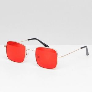 Red Lens In Gold Metal Square Fashion Sunglasses